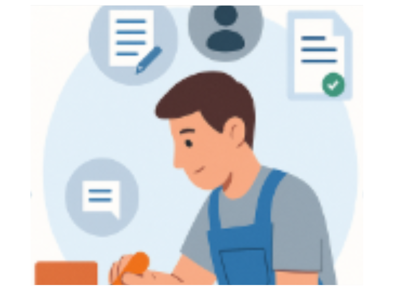 Illustration of a craftsman working, with document icons and customer support